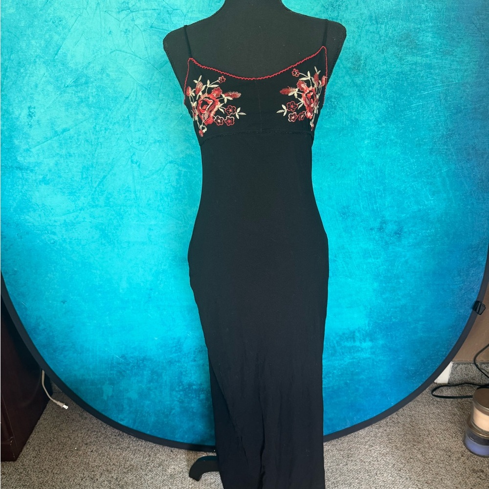 Y2K Kookai Black Embroidered Maxi Dress Stretchy Body Hugging Rose Detail
